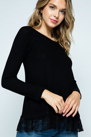 L/S Knit W/ Lace Trim Blk